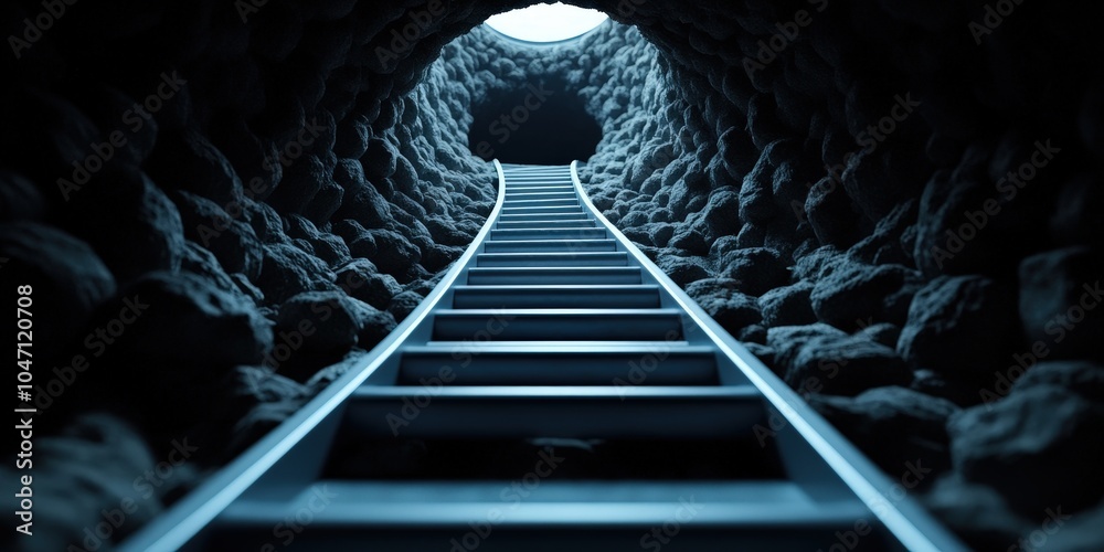 Obraz premium Metal Ladder Leading Upward in Dark Cave with Light at the End Concept of Hope and Succe