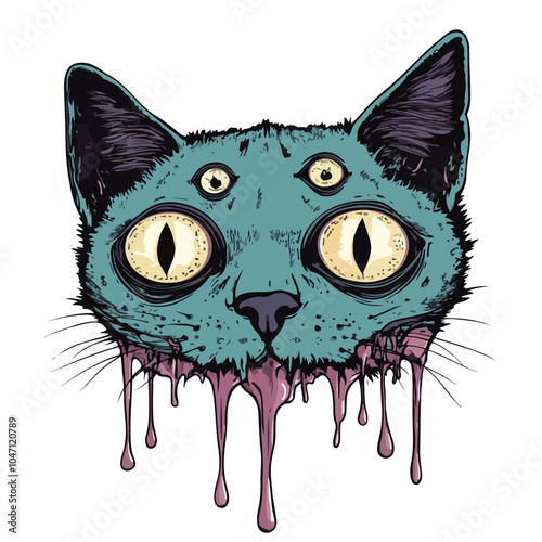 Creepy Cat Head with Five Eyes and Dripping Drop