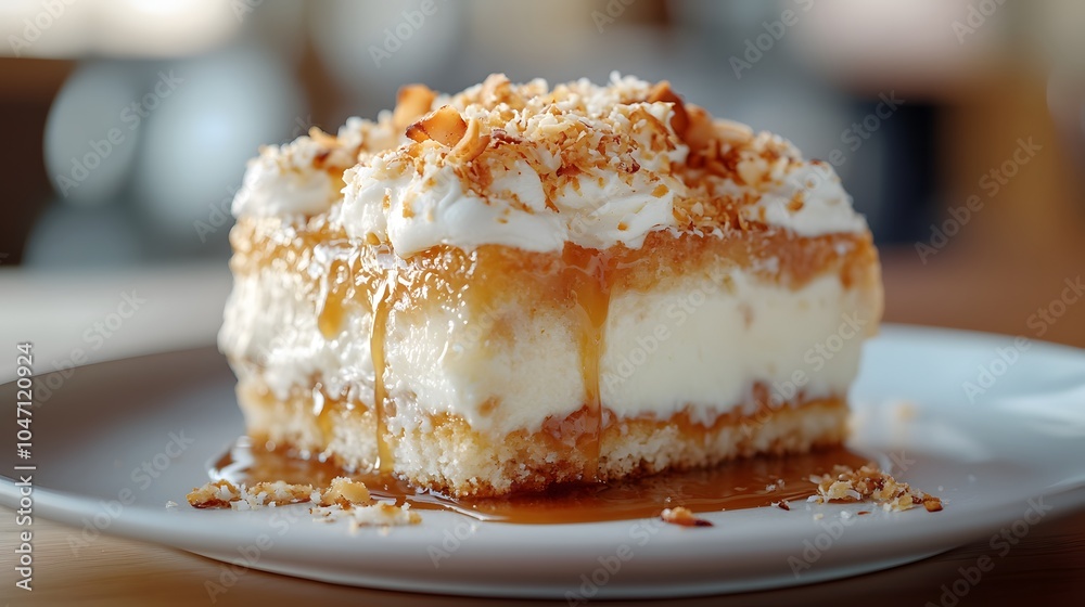 Decadent layered dessert with creamy coconut cake, fluffy whipped topping, golden caramel drizzle, and toasted coconut flakes on a white plate, rich textures, and macro food photography. Decadent layered dessert with creamy coconut cake, fluffy whipped topping, golden caramel drizzle, and toasted coconut flakes on a white plate, rich textures, and macro food photography.