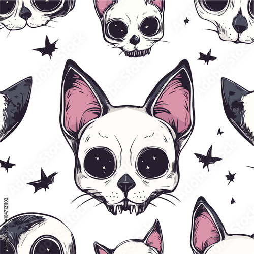 Cute Cartoon Witchcraft Cat Skull Seamless Vector Pattern