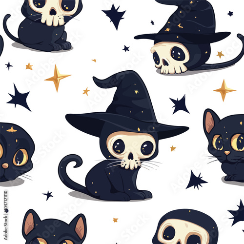 Cute Cartoon Witchcraft Cat Skull Seamless Vector Pattern