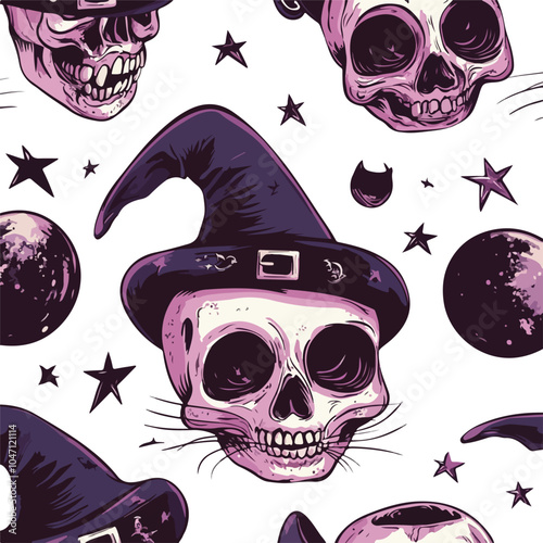 Cute Cartoon Witchcraft Cat Skull Seamless Vector Pattern