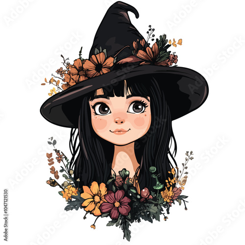 Enchanting Gothic Witch in Floral Hat Vector Illustration