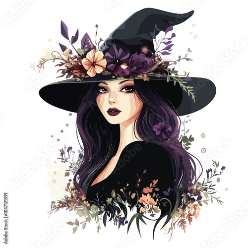 Enchanting Gothic Witch in Floral Hat Vector Illustration