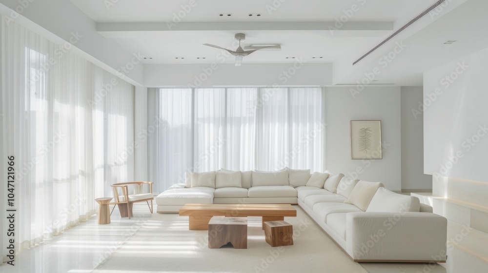 Fototapeta premium A minimalist-inspired living space adorned with a pristine white canvas backdrop, Featuring understated furniture arrangements for a clean and serene ambiance