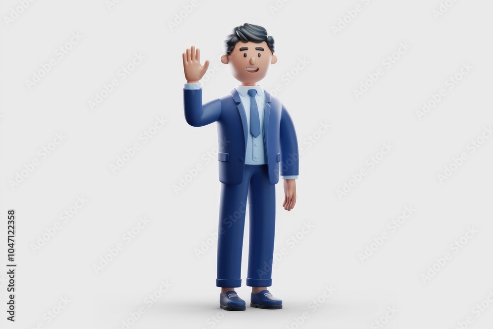 A 3D cartoon character of a businessman in a blue suit waving.