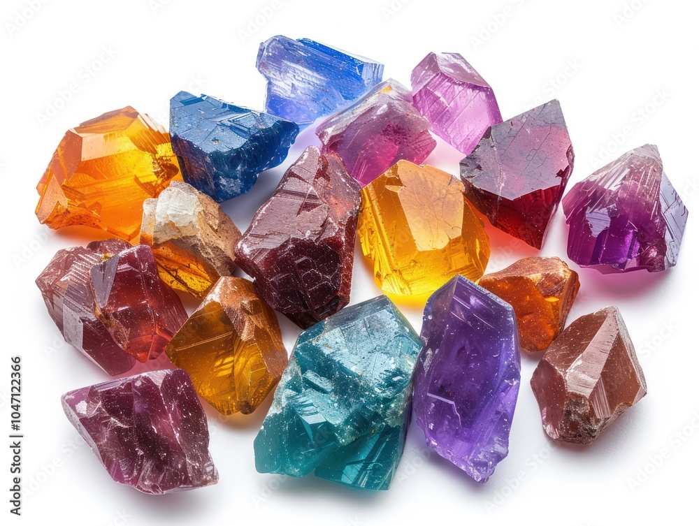 A handful of rough gemstones in vibrant colors, natural shapes, isolated on white A handful of rough gemstones in vibrant colors, natural shapes, isolated on white
