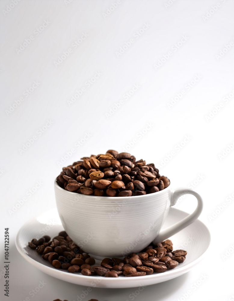 Coffee cup with coffee beans on side position provides copy space for text. background concept isolated white Coffee cup with coffee beans on side position provides copy space for text. background concept isolated white