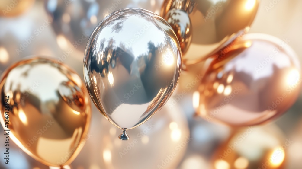 A cluster of metallic gold, silver, and rose gold balloons floating together in mid-air, with soft light reflecting off their shiny surfaces A cluster of metallic gold, silver, and rose gold balloons floating together in mid-air, with soft light reflecting off their shiny surfaces
