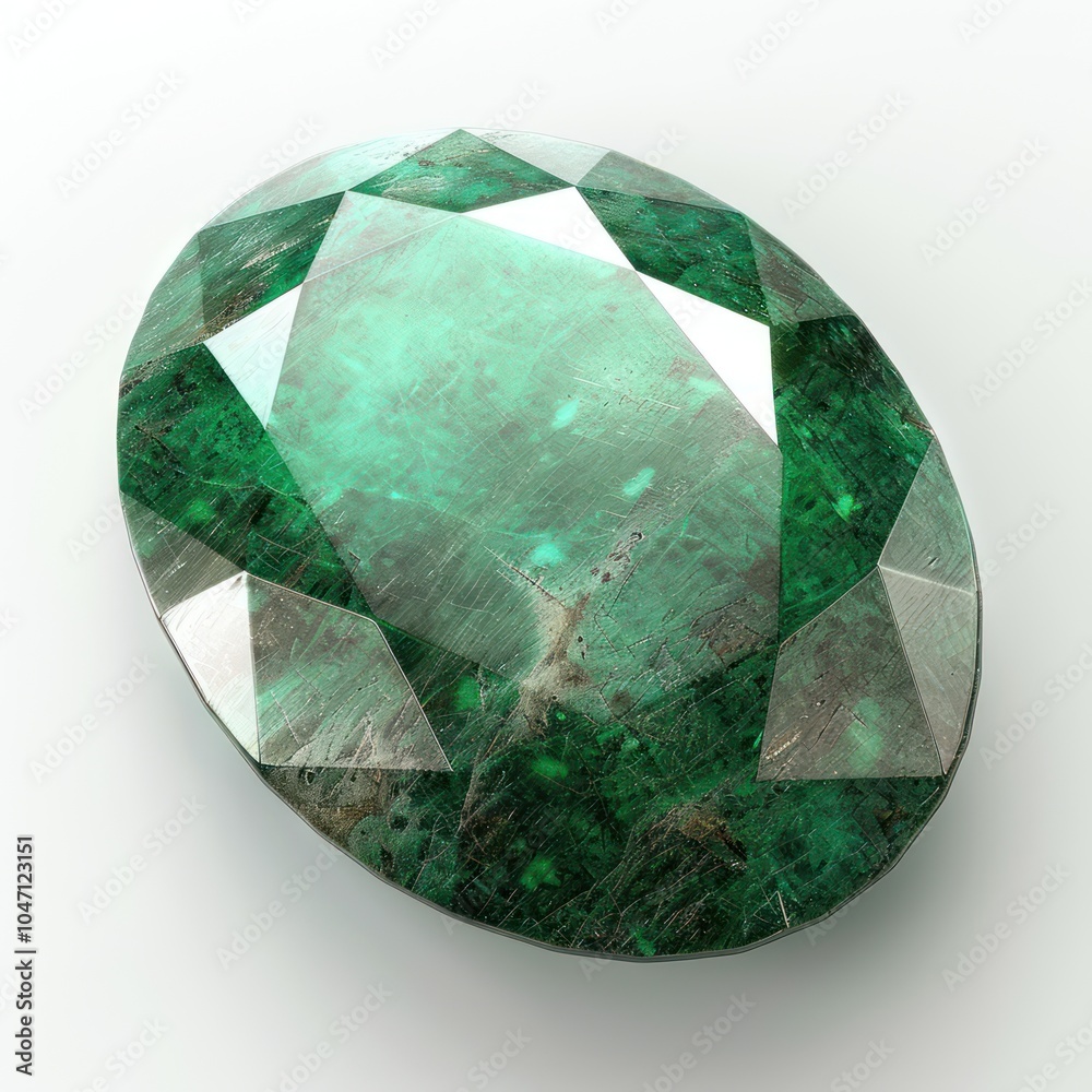 A large oval-shaped emerald gemstone, bright green and glossy, isolated on a white background A large oval-shaped emerald gemstone, bright green and glossy, isolated on a white background