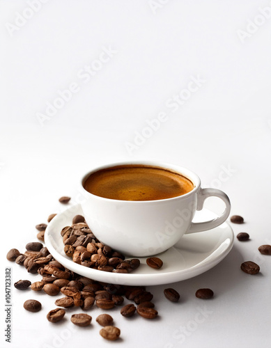 Coffee cup with coffee beans on side position provides copy space for text. background concept isolated white