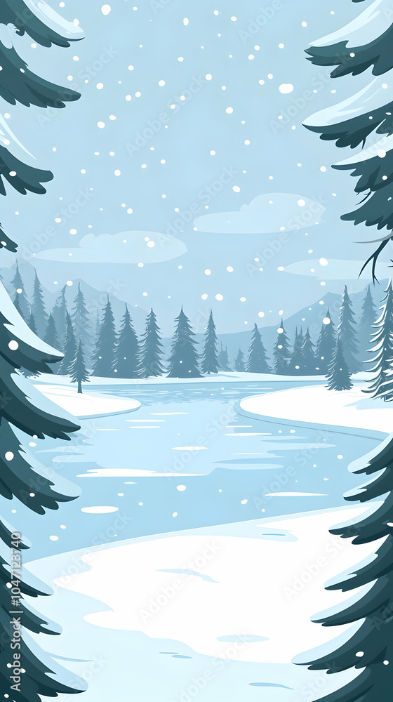 Obraz premium A snowy winter scene with a frozen lake and snow-covered trees.