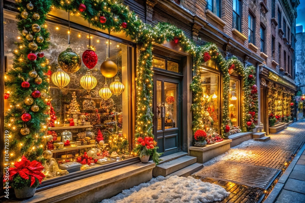 Fototapeta premium Festive Shop Window Displays with Christmas Decorations for Urban Exploration Photography