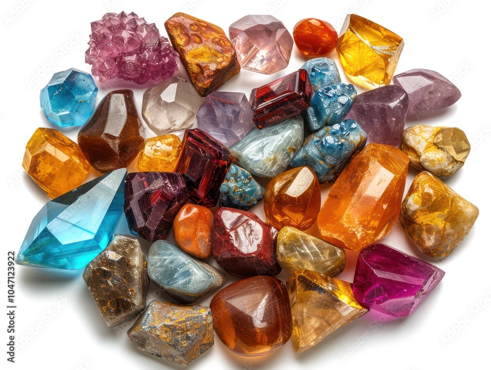 A mix of polished gemstones including aquamarine, topaz, and garnet, vibrant and colorful, isolated on white