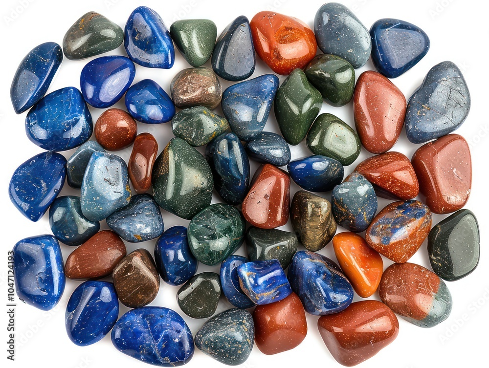 A mix of small polished gemstones in blue, red, and green, arranged in a random pattern, isolated on white A mix of small polished gemstones in blue, red, and green, arranged in a random pattern, isolated on white