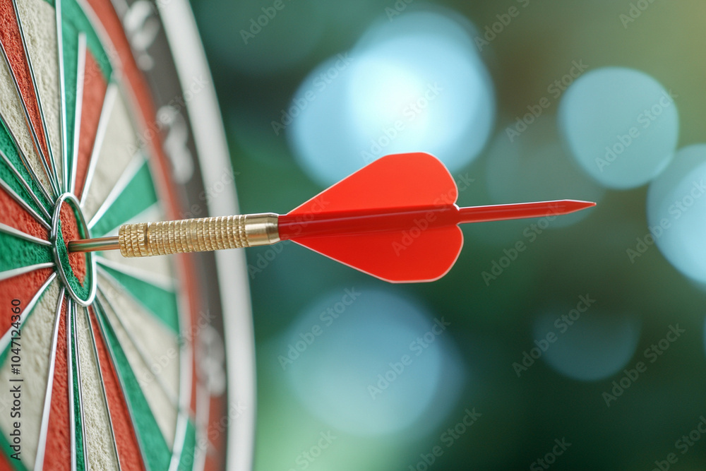 Close-up of a red dart in the bullseye of a target, focusing on the arrow and circular design, representing precision in business goal setting,
Close-up of a red dart in the bullseye of a target, focusing on the arrow and circular design, representing precision in business goal setting,