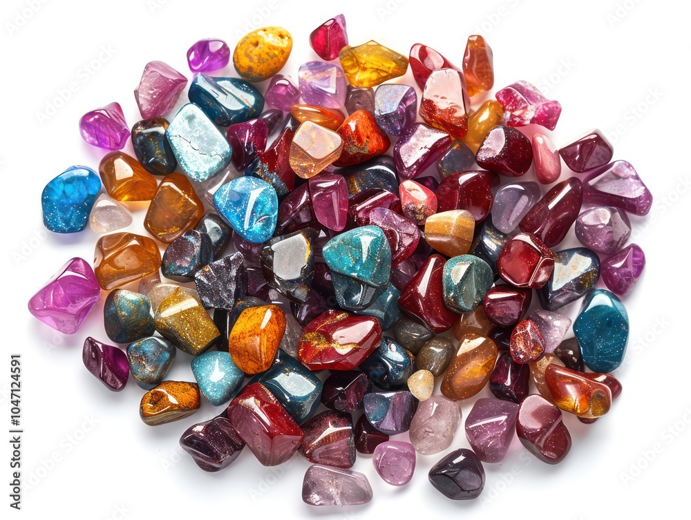A mix of small polished gemstones in vibrant colors, scattered and isolated on white A mix of small polished gemstones in vibrant colors, scattered and isolated on white