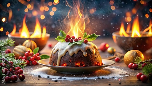 Flambe Christmas Pudding with Festive Lights and Winter Scenery for Holiday Celebrations photo