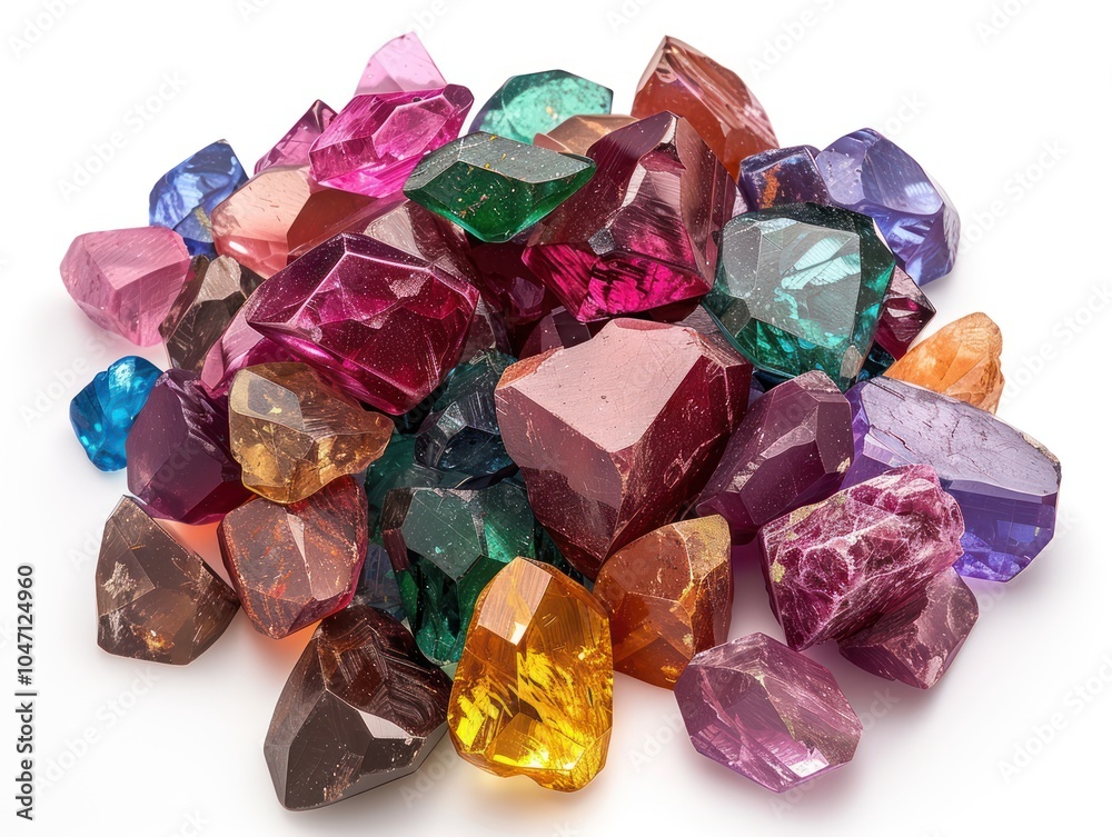 A pile of multicolored gemstones, including rubies, emeralds, and sapphires, isolated on white A pile of multicolored gemstones, including rubies, emeralds, and sapphires, isolated on white