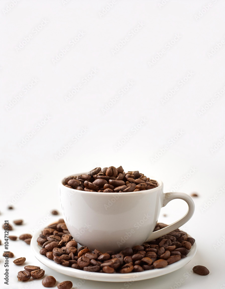 Coffee cup with coffee beans on side position provides copy space for text. background concept isolated white Coffee cup with coffee beans on side position provides copy space for text. background concept isolated white