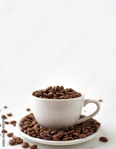 Coffee cup with coffee beans on side position provides copy space for text. background concept isolated white