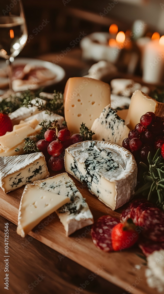 A variety of cheeses, grapes, and salami on a wooden board. A variety of cheeses, grapes, and salami on a wooden board.