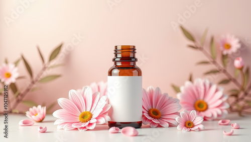 A glass bottle of essential oil with pink flowers in the background.