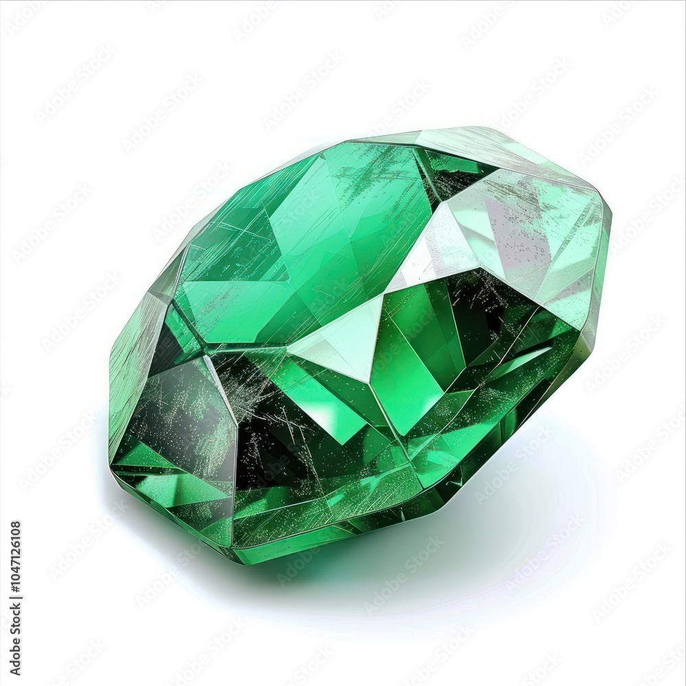 A radiant-cut emerald gemstone, bright green and reflective, isolated on white background A radiant-cut emerald gemstone, bright green and reflective, isolated on white background