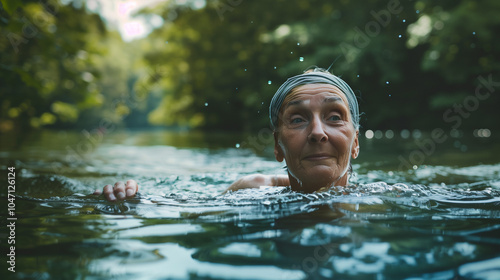 An older senior woman is wild swimming in a natural body of water, she is wearing a swim cap and looks joyful and free, landscape format with copy space photo