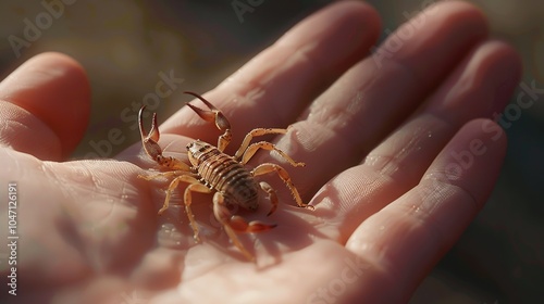 A small brown scorpion sits in the palm of a hand, its claws outstretched. photo