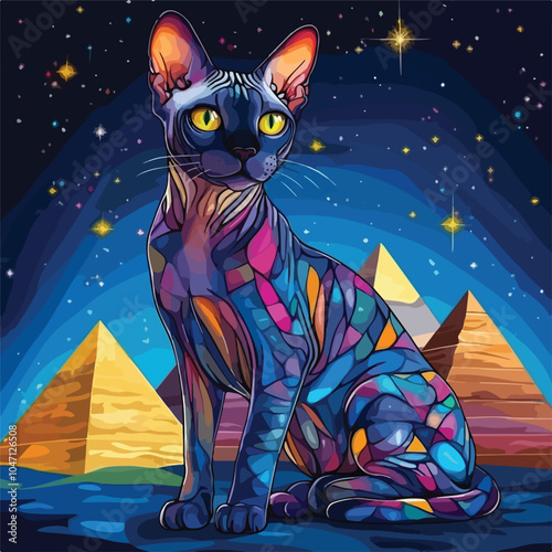 Majestic Egyptian Sphynx Cat Silhouette on Starry Night Sky Background