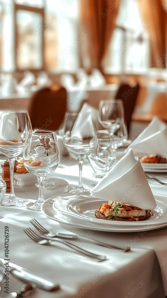 A white linen tablecloth with a plate of food and silverware set for a dinner party in a restaurant. A white linen tablecloth with a plate of food and silverware set for a dinner party in a restaurant.