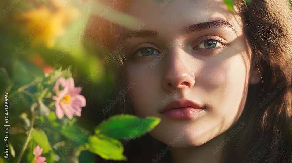 Close-up portrait of a thoughtful young woman surrounded by nature Close-up portrait of a thoughtful young woman surrounded by nature