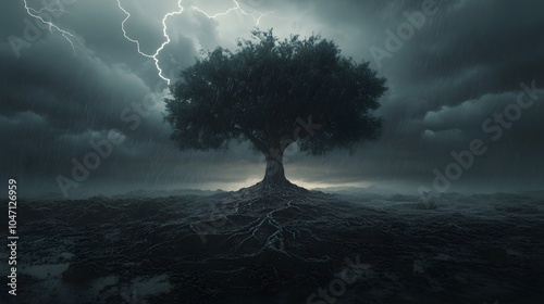 Majestic tree withstanding stormy weather, intricate exposed roots, dark turbulent sky with lightning, windswept branches, rain-soaked soil, symbolizing resilience and nature’s power.