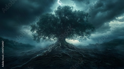 Majestic tree withstanding stormy weather, intricate exposed roots, dark turbulent sky with lightning, windswept branches, rain-soaked soil, symbolizing resilience and nature’s power.