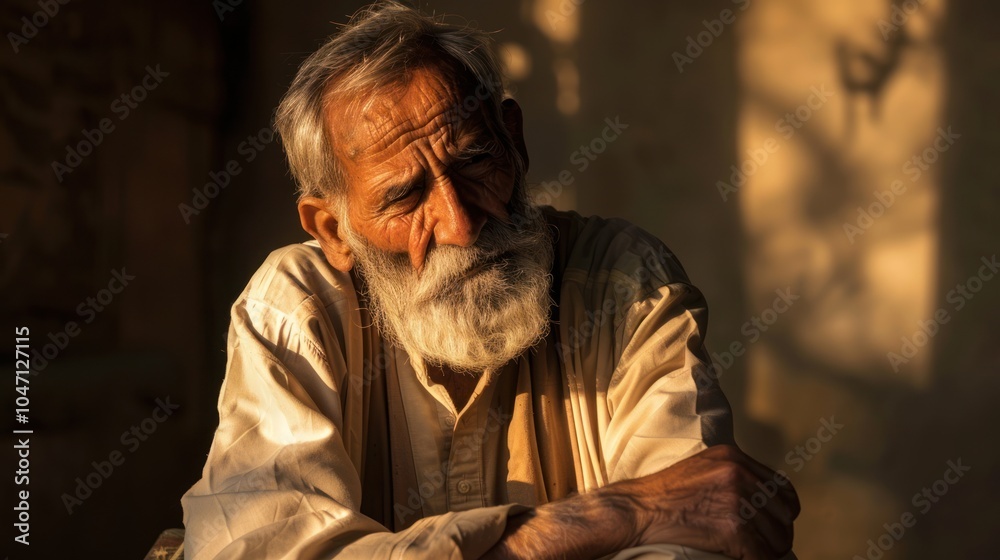 An Elderly Man with a Long White Beard Contemplates in Golden Sunlight An Elderly Man with a Long White Beard Contemplates in Golden Sunlight