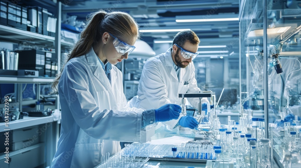Technicians testing new machinery in a high-tech industrial lab Technicians testing new machinery in a high-tech industrial lab