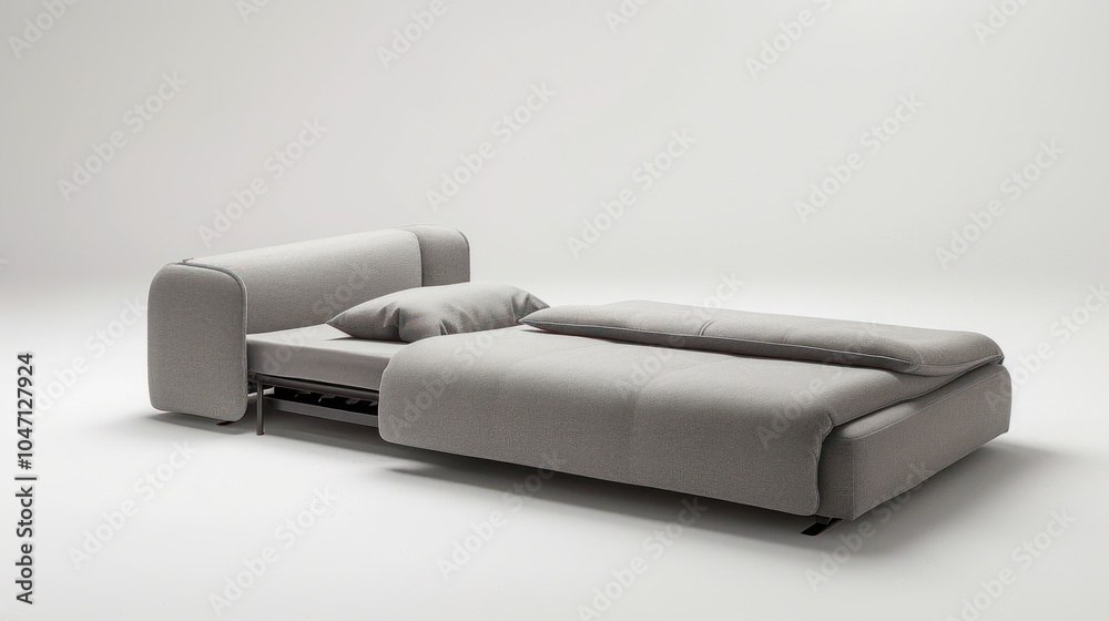 Grey Fabric Sofa Bed with Pillows in a White Room