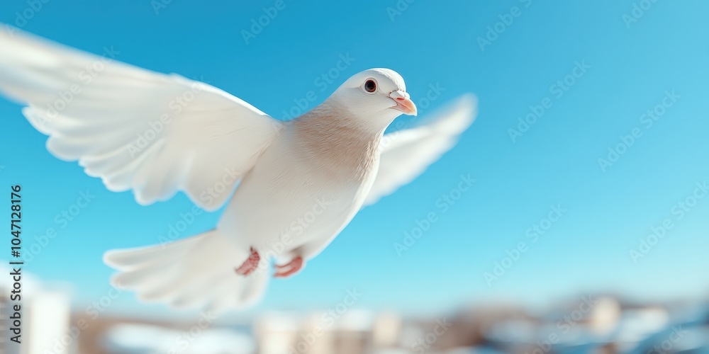 Fototapeta premium White Dove Flying in Blue Sky Symbol of Peace Hope and Freedom