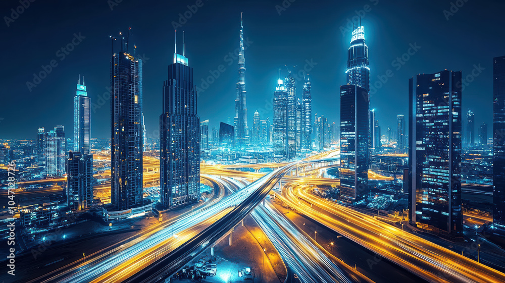 Cars on the highway with blue and yellow light trails Cars on the highway with blue and yellow light trails