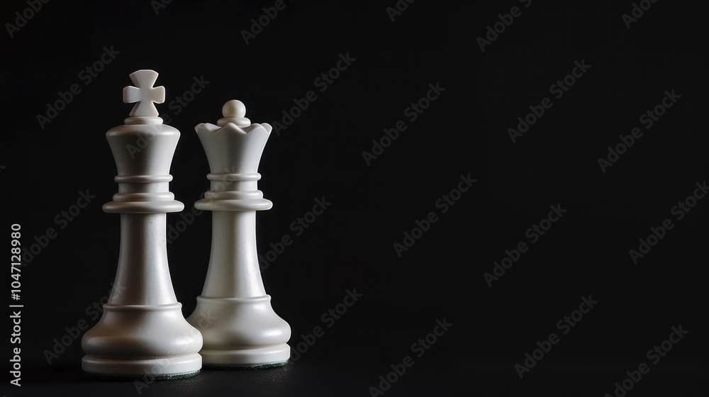 White Chess King and Queen Pieces on a Black Background White Chess King and Queen Pieces on a Black Background