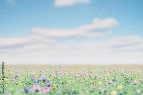 Vibrant field of colorful wildflowers against a blue sky with fluffy clouds