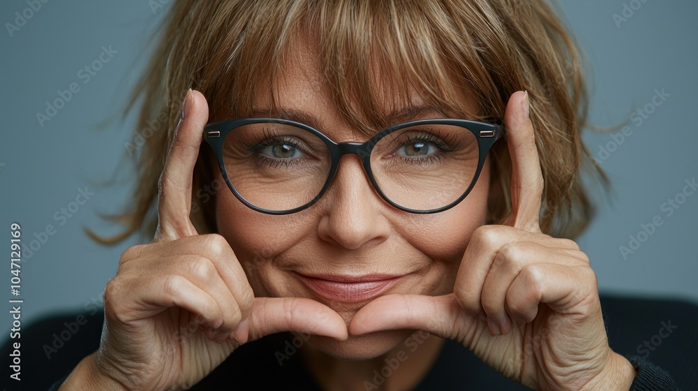 Mature woman wears eyeglasses looking at camera through joined fingers showing heart symbol, close up. Advertises eyewear store, laser vision correction, health check-up, cardio vitamins, sign of love Mature woman wears eyeglasses looking at camera through joined fingers showing heart symbol, close up. Advertises eyewear store, laser vision correction, health check-up, cardio vitamins, sign of love