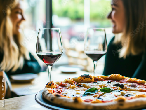 Due donne al ristorante parlano di fronte ad una gustosa pizza e un bicchiere di vino rosso