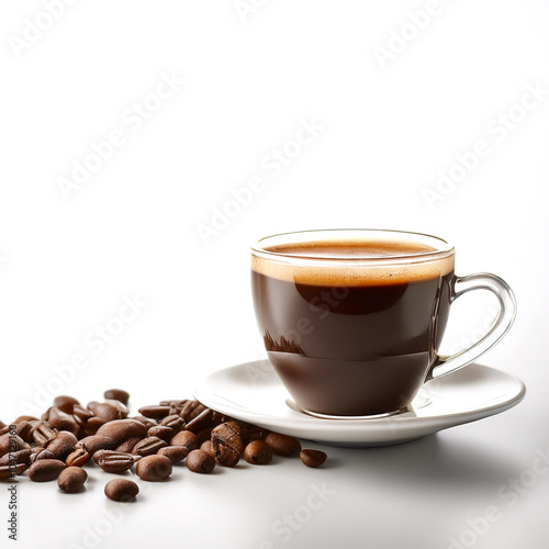 Coffee cup with coffee beans on side position provides copy space for text. background concept isolated white