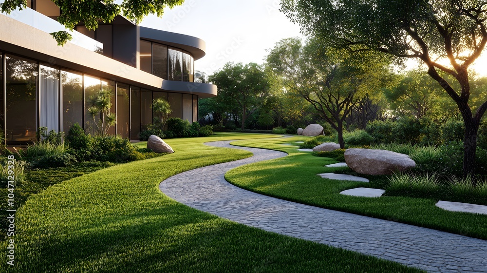 Modern office building with an expansive green lawn, winding stone pathway, large glass windows, landscaped gardens, ornamental trees, and a sustainable urban oasis design. Modern office building with an expansive green lawn, winding stone pathway, large glass windows, landscaped gardens, ornamental trees, and a sustainable urban oasis design.