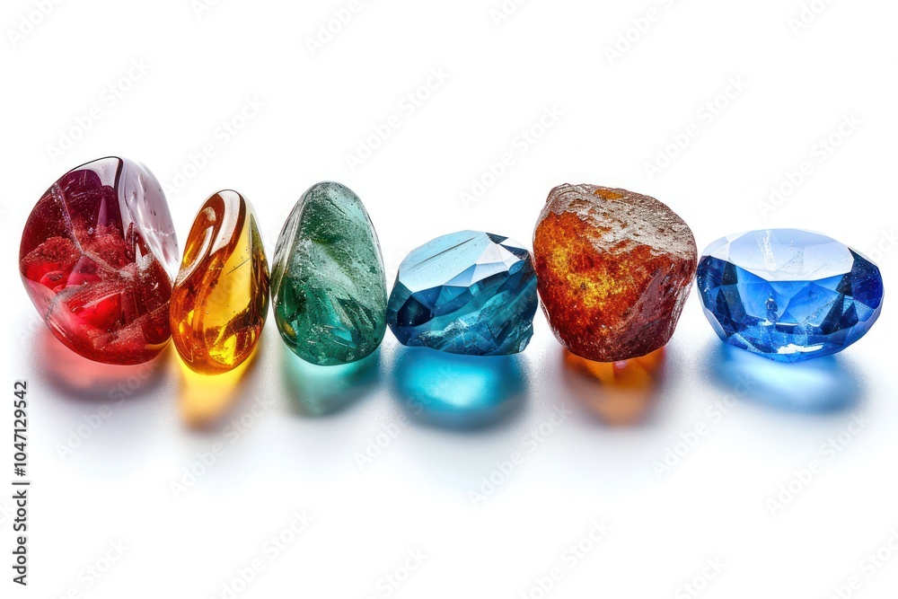A selection of bright polished gemstones in red, blue, and green hues, arranged in a line, isolated on white A selection of bright polished gemstones in red, blue, and green hues, arranged in a line, isolated on white