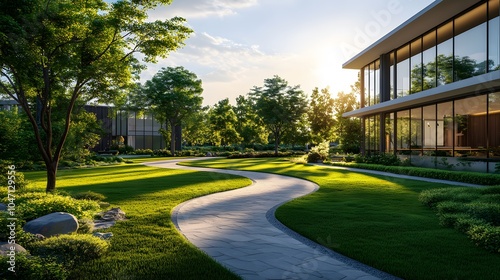 Modern office building with an expansive green lawn, winding stone pathway, large glass windows, landscaped gardens, ornamental trees, and a sustainable urban oasis design.