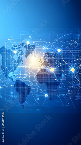 Abstract digital world map with connected lines on a blue background.