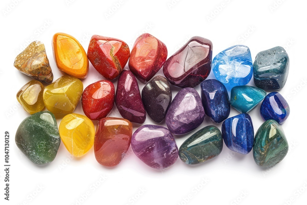 A set of multicolored polished gemstones neatly arranged in a rainbow pattern, isolated on white A set of multicolored polished gemstones neatly arranged in a rainbow pattern, isolated on white